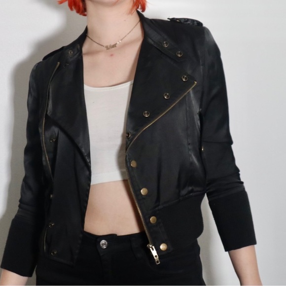 Gold Buttoned Silky Black Biker Jacket - Picture 1 of 16